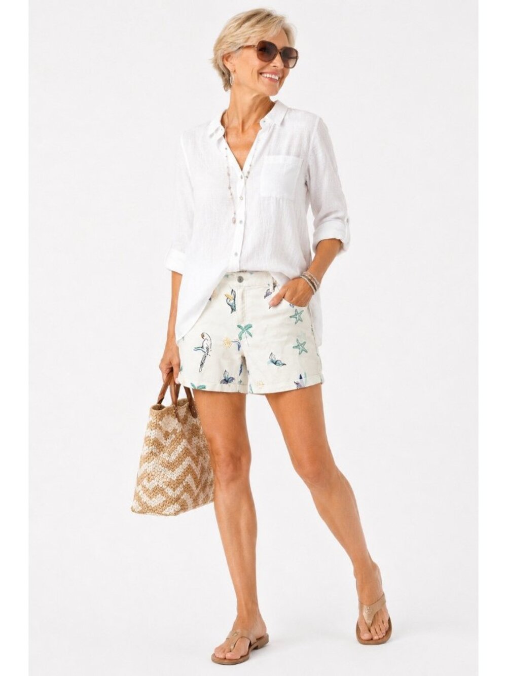 CHICOS so slimming girlfriend shorts denim white XL 3 island beach tropical